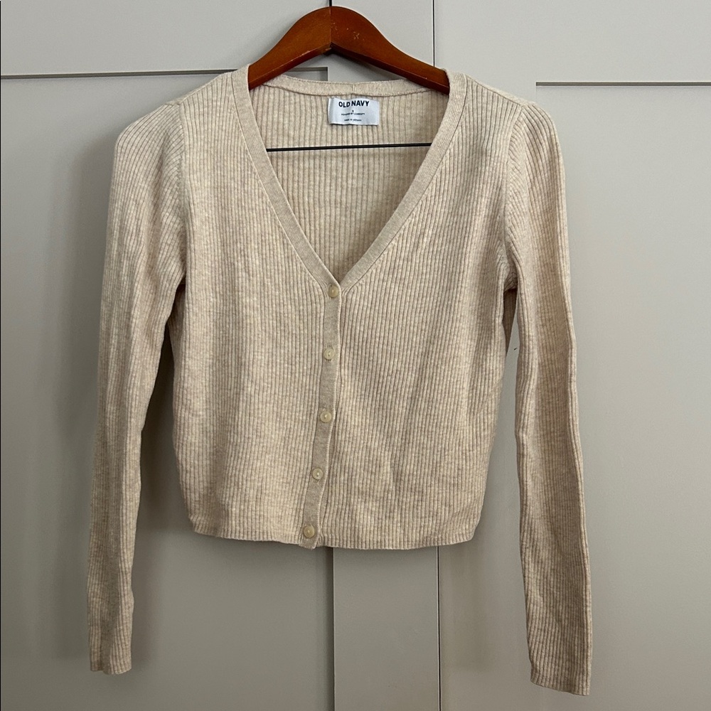 Beige Ribbed Cardigan Sweater